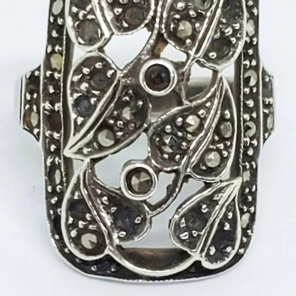 Vintage Victorian Leaf Marcasite Elegant Sterling Silver Ring SZ 5.5 